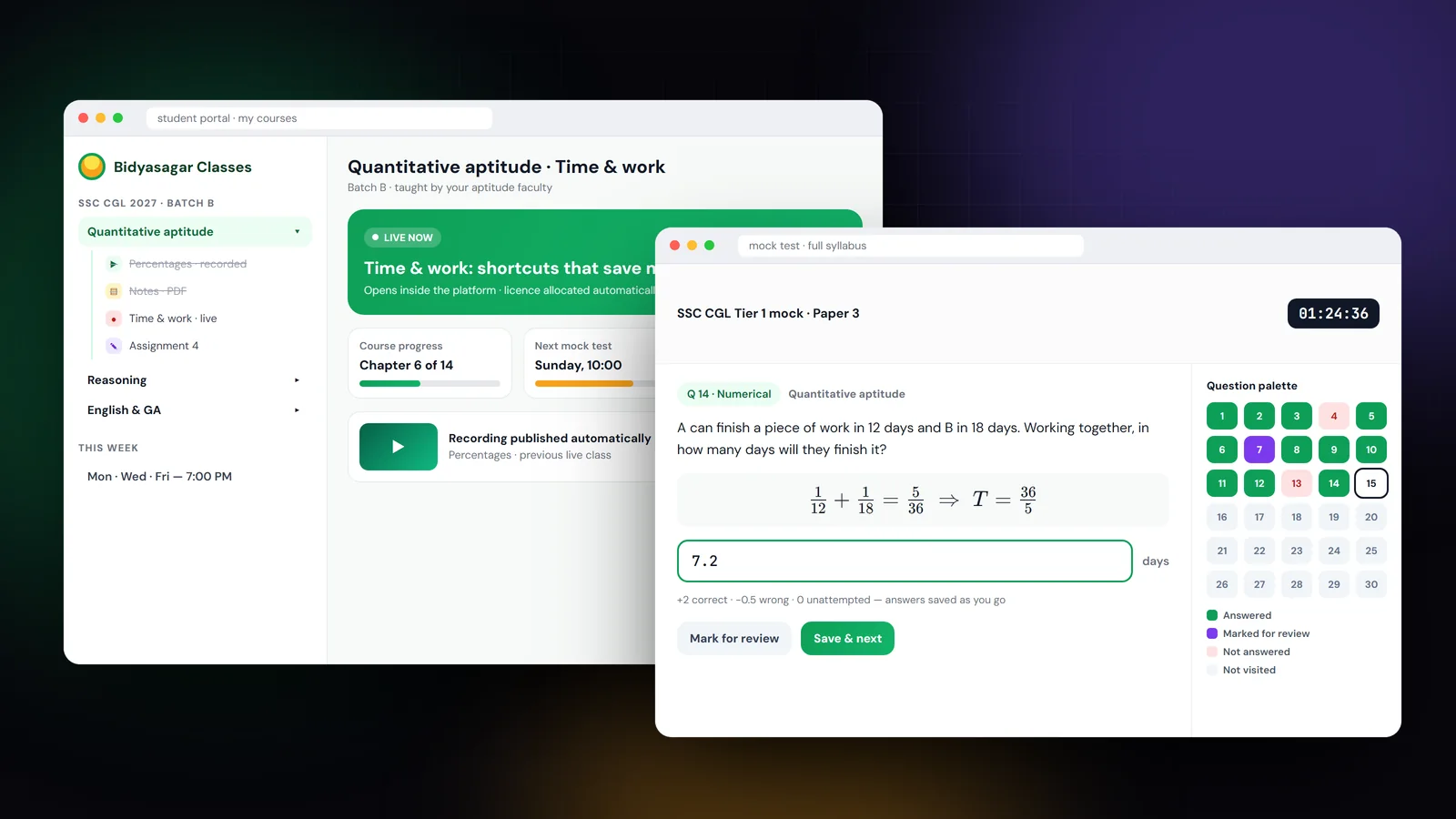 Illustration of an online coaching platform: course structure, a live class and a timed mock test