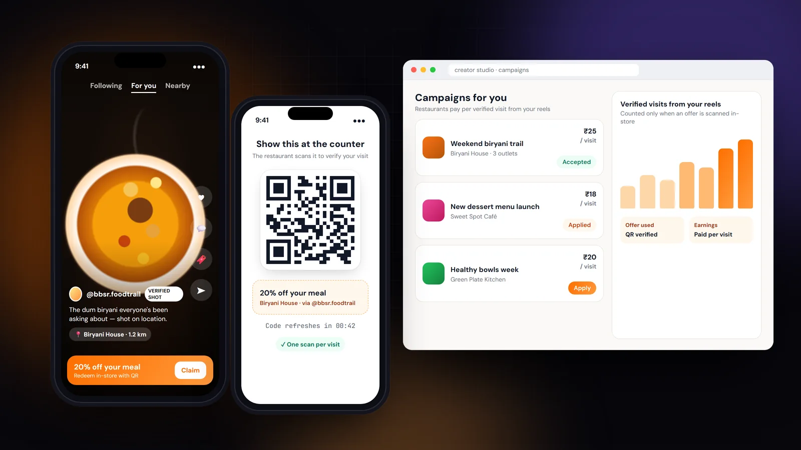 Illustration of the QuickBite app: a food reel, a restaurant offer and an in-store QR redemption