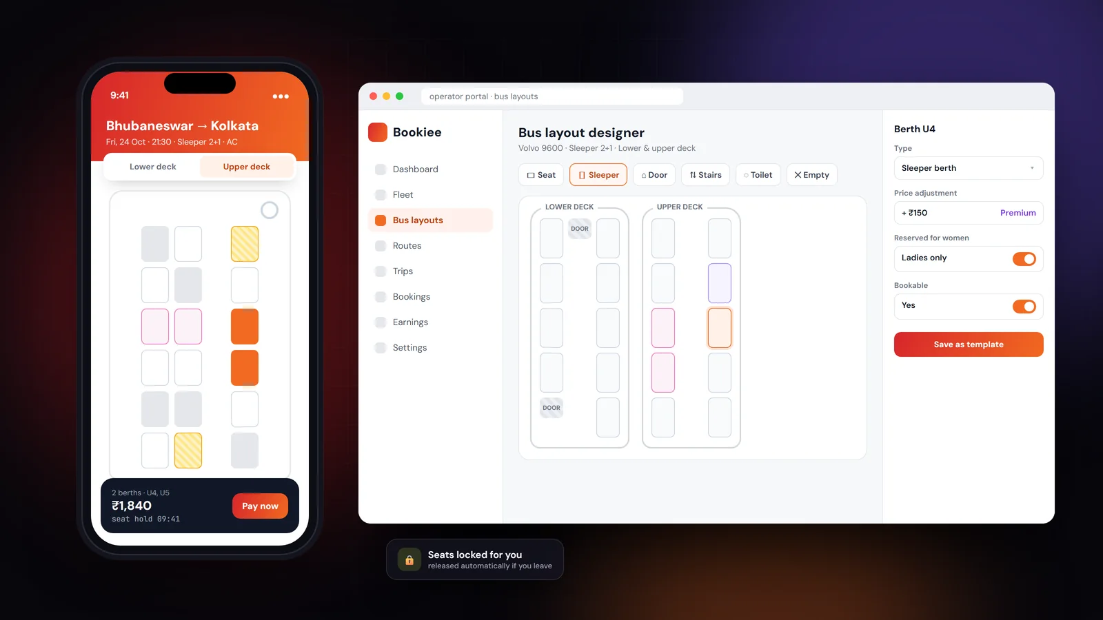 Illustration of the Bookiee bus booking platform: passenger seat map and operator bus-layout designer